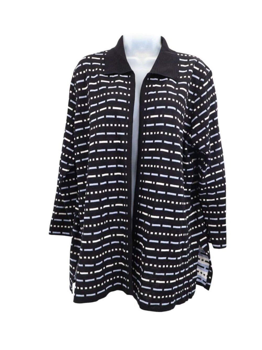 Misook 1X Black White Blue Geometric Knit Open Front Cardigan Jacket Blazer